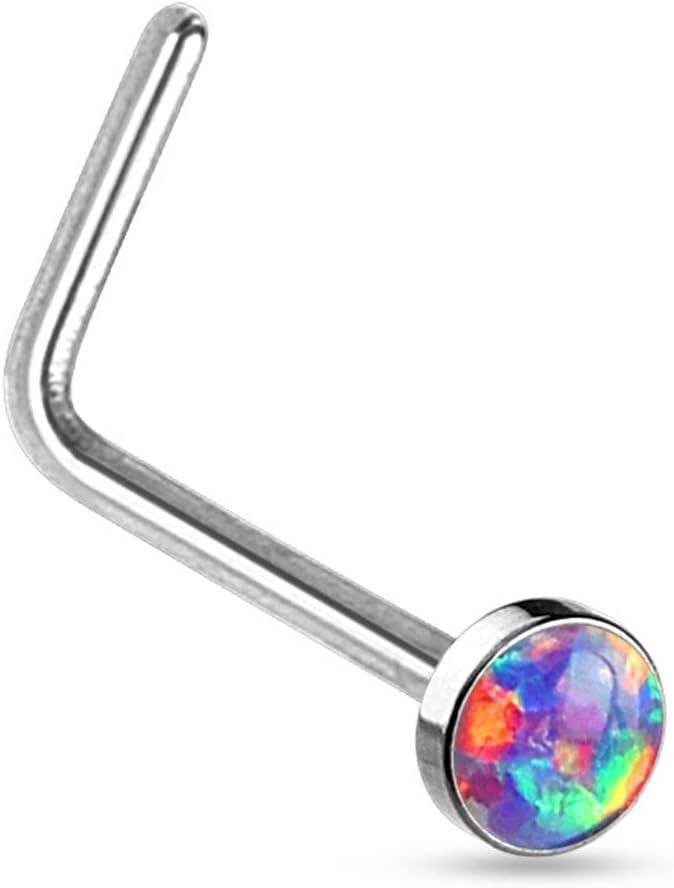 FifthCue 20G Synthetic Opal Set Flat Top PVD Over 316L Surgical Steel L bend Stud Nose Rings - Image 1